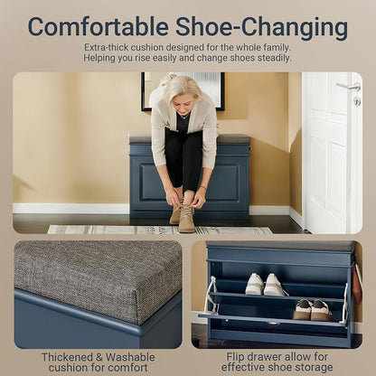 Haotian Shoe Storage Bench with Cushion, Navy Narrow Shoe Rack for Entryway, Small Shoe Cabinet with Flip-Drawer, Closet Hallway Mudroom FSR82-L-B