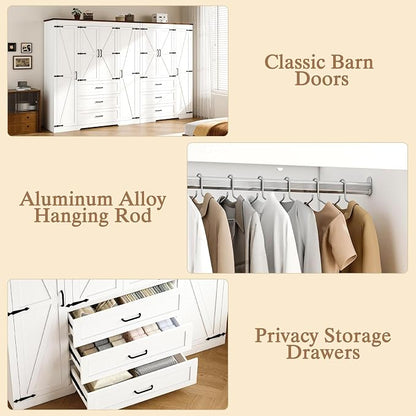 70" Tall Wardrobe Closet with 7 Doors & 6 Drawers, Farmhouse Armoire with Hanging Rod, Wooden Armoire Wardrobe Closet for Bedroom, Freestanding Clothing Storage Cabinet, White