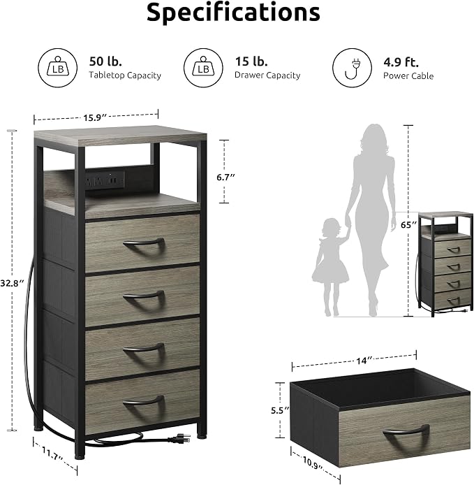 Lazzanto NightStand Bedside Charging Table Bedroom - Night Stand with Charger Station, Modern Nightstand with Open Shelf & 4 Fabric Drawers, End Table with USB-C USB Ports & AC Outlets for Dorm, Grey