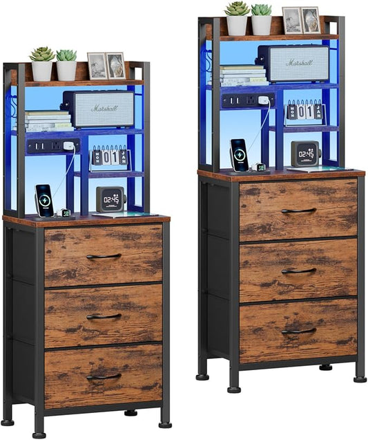Furnulem Night Stand Set 2, 45.3" Tall Bedside End Table, Rustic Brown | RGB LED Lights, 4-Tier Storage Shelves & 3 Fabric Drawers, Metal Frame, Wood Desktop, Easy Assembly for Bedroom Dorm Hallway