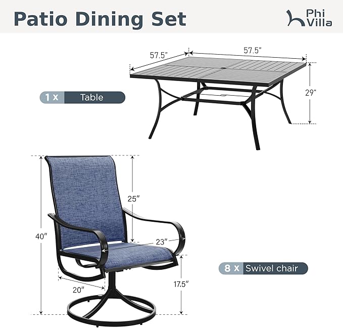 PHI VILLA Outdoor Dining Set for 8, Swivel Mesh Chairs & Square Table, Blue | Textilene chairs and large 57.5'' metal table with umbrella hole. All-weather patio furniture set designed for patio, deck