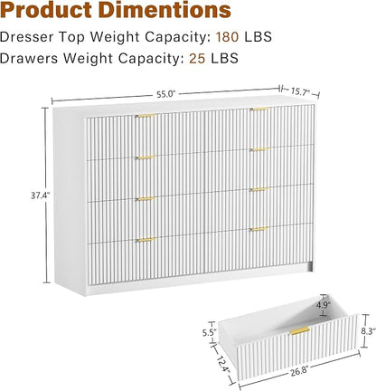 Furniway White Dresser Bedroom Set 3 Pieces, Nightstands Sets of 2, 8 Drawer Dresser with Gold Handles for Bedroom