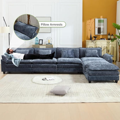 Oprisen 154" Modular Sectional Sofa, Comfy Cloud Couch Sectional Sofa with Ottoman, Chenille Sofa Sleeper Deep Seat Sofa with Throw Pillows for Living Room (Blue, 154"- U Shape)