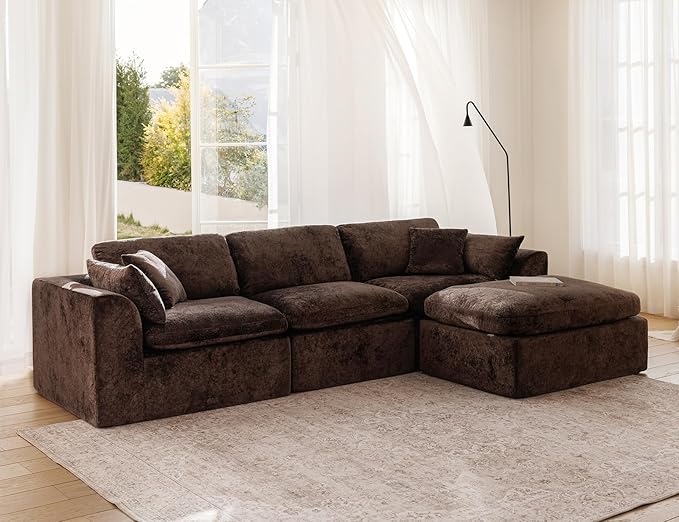 115" Modular Sectional Sofa, Modern Cloud Sectional Couch with Deep Seat, L-Shape Boneless Couch for Living Room,No Assembly Required, Brown(3 Seater + 1 Ottoman)
