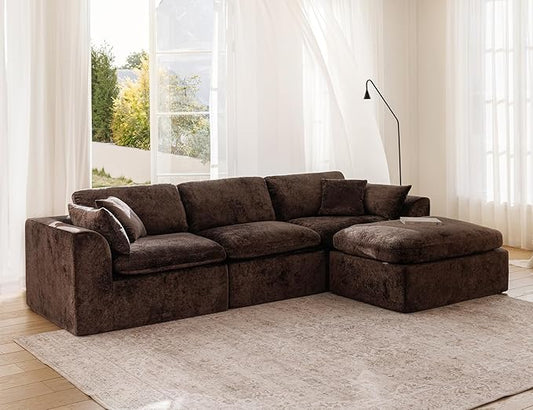 115" Modular Sectional Sofa, Modern Cloud Sectional Couch with Deep Seat, L-Shape Boneless Couch for Living Room,No Assembly Required, Brown(3 Seater + 1 Ottoman)