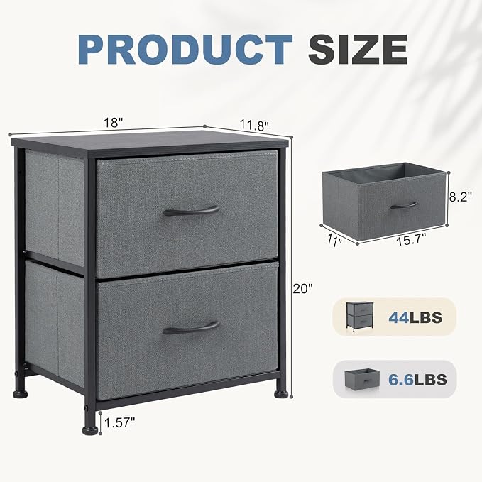 DUMOS Nightstand Small Dresser with 2 Fabric Drawers, Bedroom End Table | Kids Bedside Storage Furniture for 20 inch Tall Night Stand for Closet, Dorm, Ash