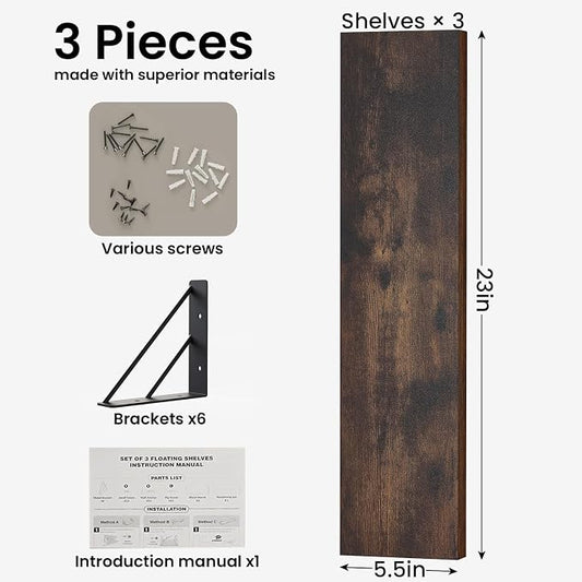 BAYKA 23-in Floating Wall Shelves, Rustic Wood Wall Shelves for Bedroom, Bathroom, Kitchen & Living Room, Display Shelf for Books, Plants & Decor (Rustic Brown)