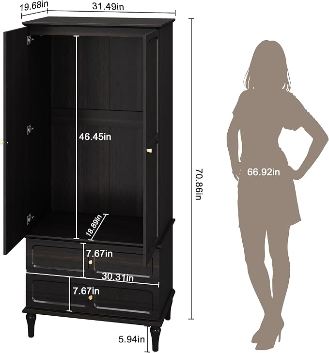 HLR 71" Mid-Century Modern Armoire Wardrobe Closet with Doors and Drawers,Wooden Armoire Storage Cabinet with Hanging Rod for Bedroom,Large Capacity Storage,Black