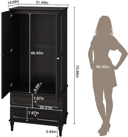 HLR 71" Mid-Century Modern Armoire Wardrobe Closet with Doors and Drawers,Wooden Armoire Storage Cabinet with Hanging Rod for Bedroom,Large Capacity Storage,Black