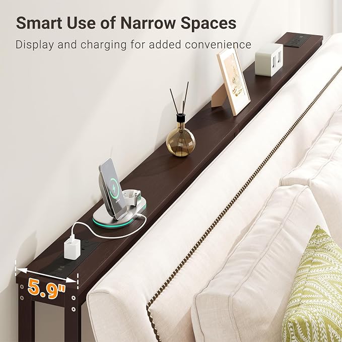 ELYKEN Bamboo Narrow Console Table with Charging Station, 2 Pack Slim Sofa Table Behind Couch, Entryway Table with Outlets for Living Room, Hallway, 5.9 x 39.4 x 31.1in, Brown