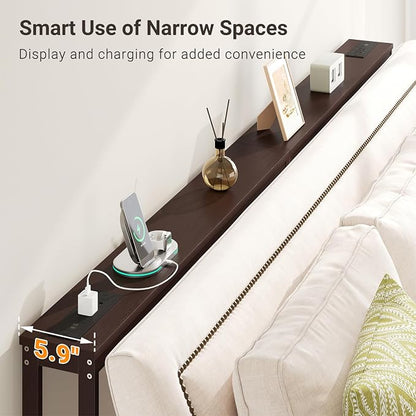 ELYKEN Bamboo Narrow Console Table with Charging Station, 2 Pack Slim Sofa Table Behind Couch, Entryway Table with Outlets for Living Room, Hallway, 5.9 x 39.4 x 31.1in, Brown