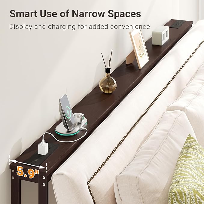ELYKEN Bamboo Narrow Console Table with Charging Station, Slim Sofa Table Behind Couch, Entryway Table with Outlets for Living Room, Hallway, 5.9 x 39.4 x 31.1in, Brown