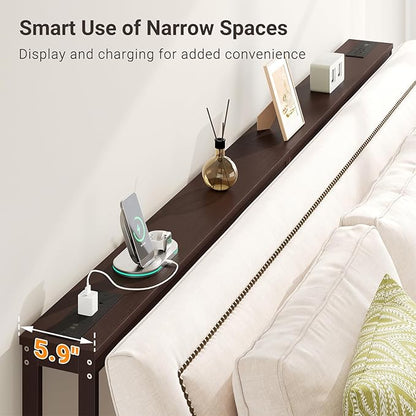 ELYKEN Bamboo Narrow Console Table with Charging Station, Slim Sofa Table Behind Couch, Entryway Table with Outlets for Living Room, Hallway, 5.9 x 39.4 x 31.1in, Brown