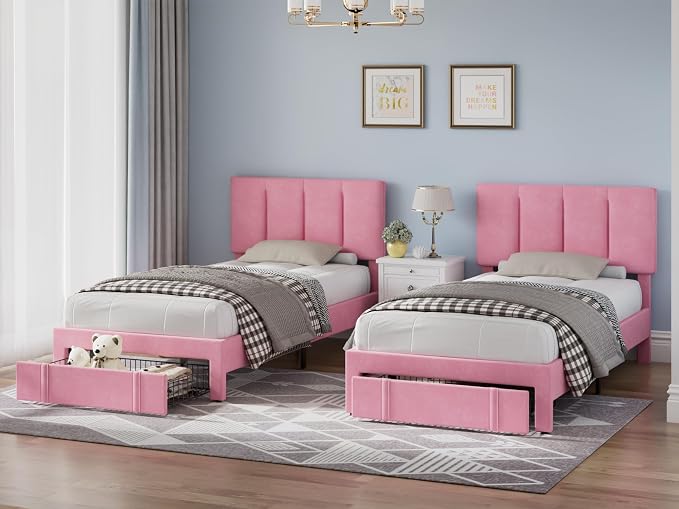 VECELO Twin Size Bed Frame with Storage Drawer, Heavy-Duty Bedframe with Tufted Headboard & Wooden Slats & Steel Framework, No Box Spring Needed, Pink