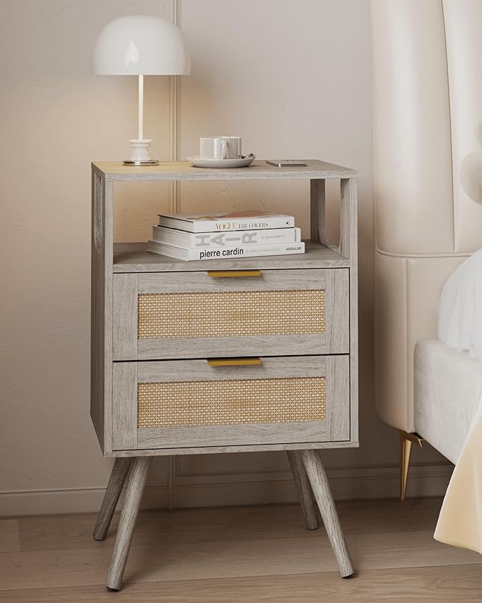 JOONEE Rattan Nightstand,Farmhouse Bedside Table with 2 Storage Drawer and Open Wood Shelf, for Bedroom and Small Spaces,Night Stand with Solid Wood Legs (Grey Oak)