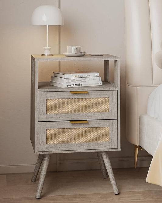 JOONEE Rattan Nightstand,Farmhouse Bedside Table with 2 Storage Drawer and Open Wood Shelf, for Bedroom and Small Spaces,Night Stand with Solid Wood Legs (Grey Oak)