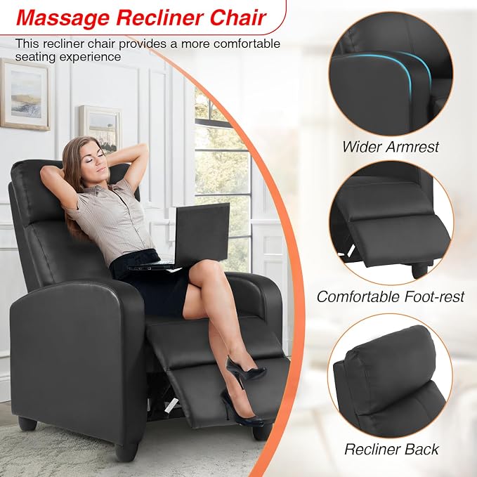 FDW Recliner Sofa Massage Chair Home Theater Seating with Lumbar Support and Padded Backrest for Living Room and Bedroom (Leather, Black)