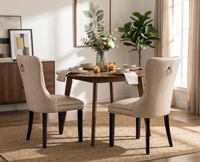 CIMOTA Beige Leather Dining Chairs Set of 2 Mid Century Modern Dining Room Chairs Tufted Upholstered Kitchen Dining Chairs Comfortable Side Chairs with Nailhead Trim/Ring Back (PU /2PCS)