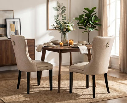 CIMOTA Beige Leather Dining Chairs Set of 2 Mid Century Modern Dining Room Chairs Tufted Upholstered Kitchen Dining Chairs Comfortable Side Chairs with Nailhead Trim/Ring Back (PU /2PCS)
