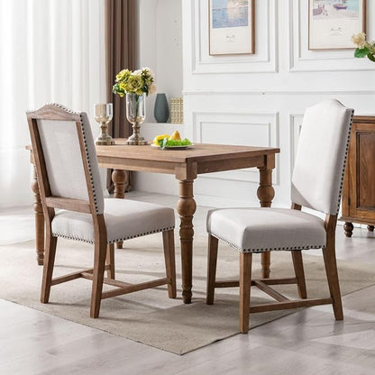 ROCITY Linen Dining Chairs Set of 2 Beige Upholstered Dining Room Chairs Farmhouse Kitchen Side Chairs with Wooden Legs&Nailhead Trim