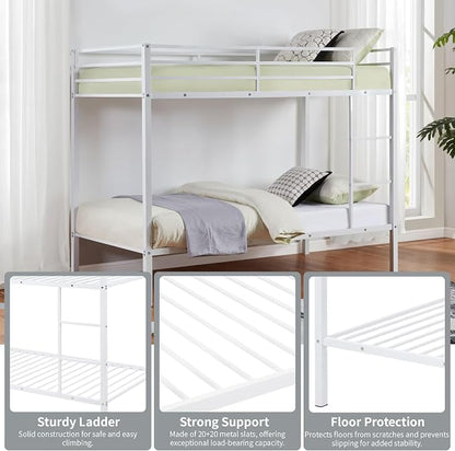Bunk Bed Twin Over Twin, Metal Bunk Bed Frame, Metal Bunkbeds with Built-in Ladder, High Guardrail and Slats, No Box Spring Needed, Space Saving, Noise Free (White)