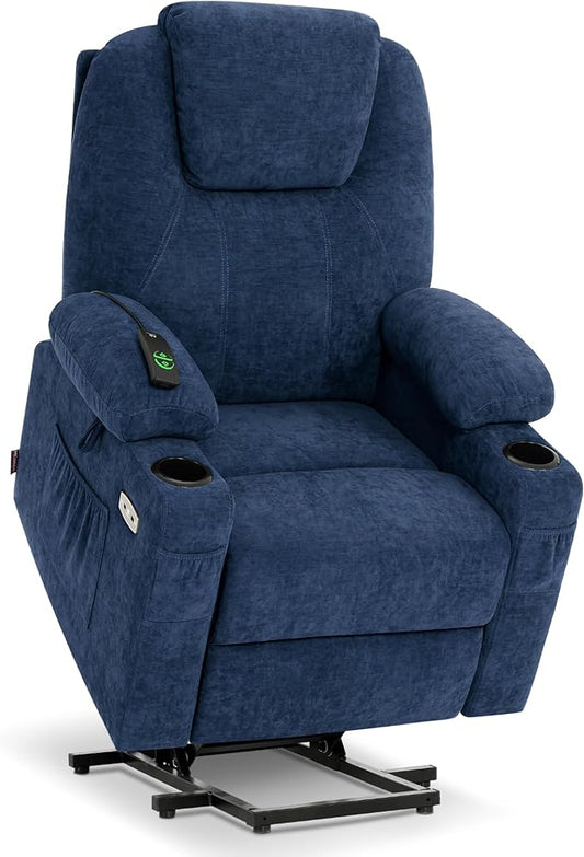 MCombo Small Power Lift Recliner Chair for Elderly, Petite Power Lift Chair with Heat and Massage for Seniors, Cup Holders, USB & Type C Ports, Fabric 7141 (Admiral)