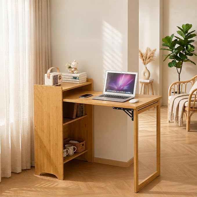 HDDFER Bamboo Folding Desk for Small Spaces,Hidden Desk with Storage Shelf, Foldable Computer Desk for Bedroom Home Office, Mid Century Modern Fold Out Table Writing Table, Natural