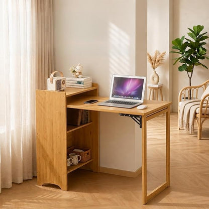 HDDFER Bamboo Folding Desk for Small Spaces,Hidden Desk with Storage Shelf, Foldable Computer Desk for Bedroom Home Office, Mid Century Modern Fold Out Table Writing Table, Natural