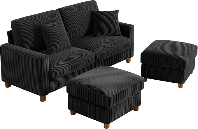 Kidirect 70in U Shaped Couch, Modular Sofa No Tool Assembly, Comfy Sectional Couches for Living Room 21in Deeper Seats, Corduroy Sofas for Living Room with 2 Pillows, Loveseat Sofa Set, Black Couch