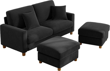 Kidirect 70in U Shaped Couch, Modular Sofa No Tool Assembly, Comfy Sectional Couches for Living Room 21in Deeper Seats, Corduroy Sofas for Living Room with 2 Pillows, Loveseat Sofa Set, Black Couch