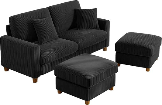 Kidirect 70in U Shaped Couch, Modular Sofa No Tool Assembly, Comfy Sectional Couches for Living Room 21in Deeper Seats, Corduroy Sofas for Living Room with 2 Pillows, Loveseat Sofa Set, Black Couch