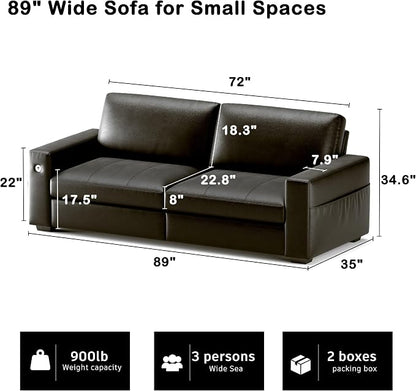 Hanherry Faux Leather 89" Sofa for Living Room, Modern Comfy Couch with Medium Firm Seat Cushion, Removable Cover,Wide Armrest,USB/Type-C Port,Couches for Small Space,Apartment
