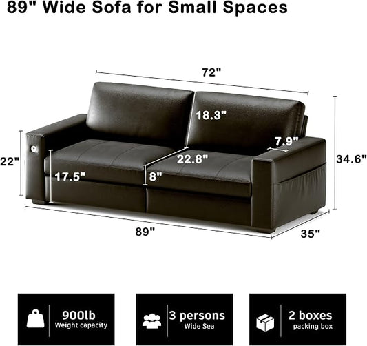 Hanherry Faux Leather 89" Sofa for Living Room, Modern Comfy Couch with Medium Firm Seat Cushion, Removable Cover,Wide Armrest,USB/Type-C Port,Couches for Small Space,Apartment