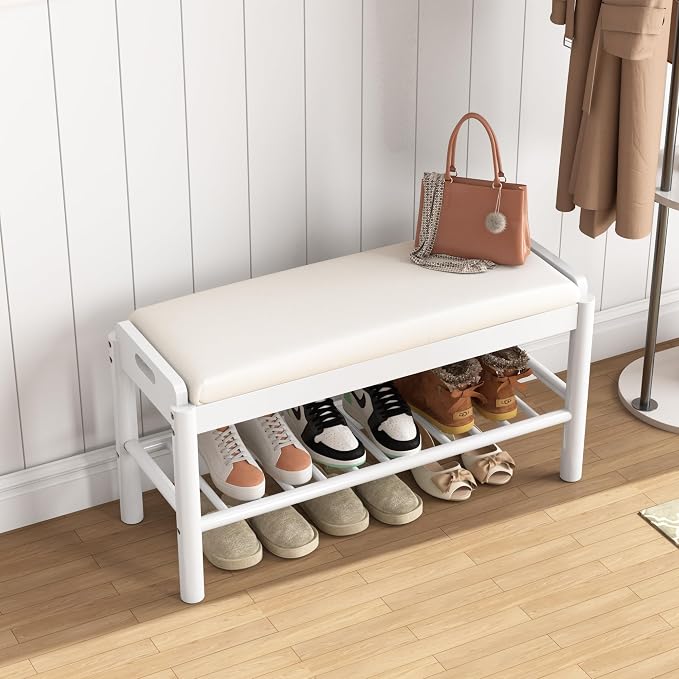 Entryway Shoe Storage Bench, 2-Tier Wood Shoe Rack with Cushion, Padded Seat Entryway Organizer with Shelf & Hidden Storage for Entry, Hallway, Living Room, Bedroom, Closet (White, 31.5")