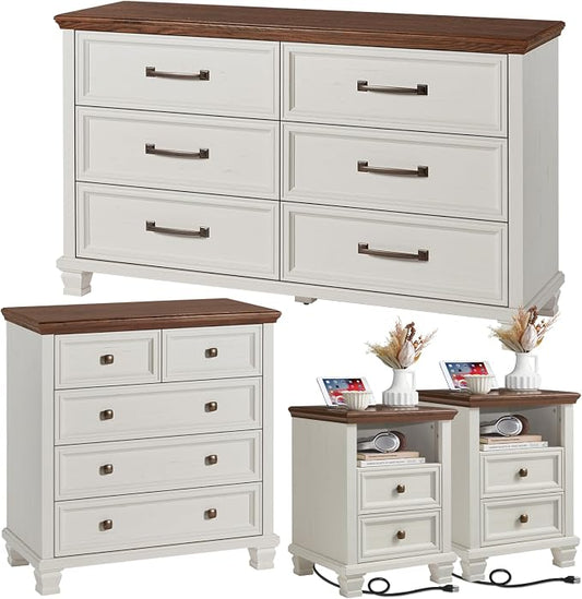SAVOR LIFE Farmhouse Dresser and Nightstand Sets of 4 Piece, 5/6 Drawer Dresser and 2 Drawer Nightstand Set, Rustic Wood Bedroom Furniture Set for Home, Hallway,White