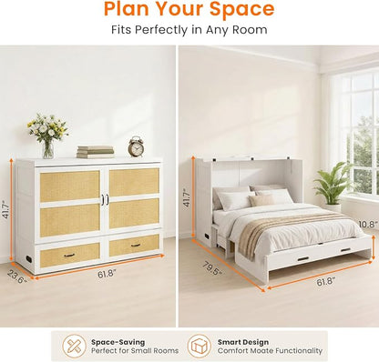 CECER Queen Size Murphy Bed with Mattress for Guest/Small Space-White | Built-in Multi-Port Charging Station ＆ Large Storage Drawer，Space Saving ＆ Easy Assemble and Conversion