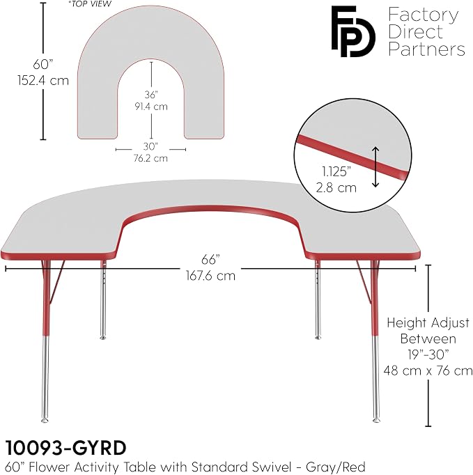 FDP Horseshoe Activity School and Office Table (60 x 66 inch), Standard Legs with Swivel Glides for Collaborative Seating Environments, Adjustable Height 19-30 inches - Gray Top and Red Edge