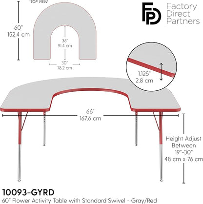 FDP Horseshoe Activity School and Office Table (60 x 66 inch), Standard Legs with Swivel Glides for Collaborative Seating Environments, Adjustable Height 19-30 inches - Gray Top and Red Edge