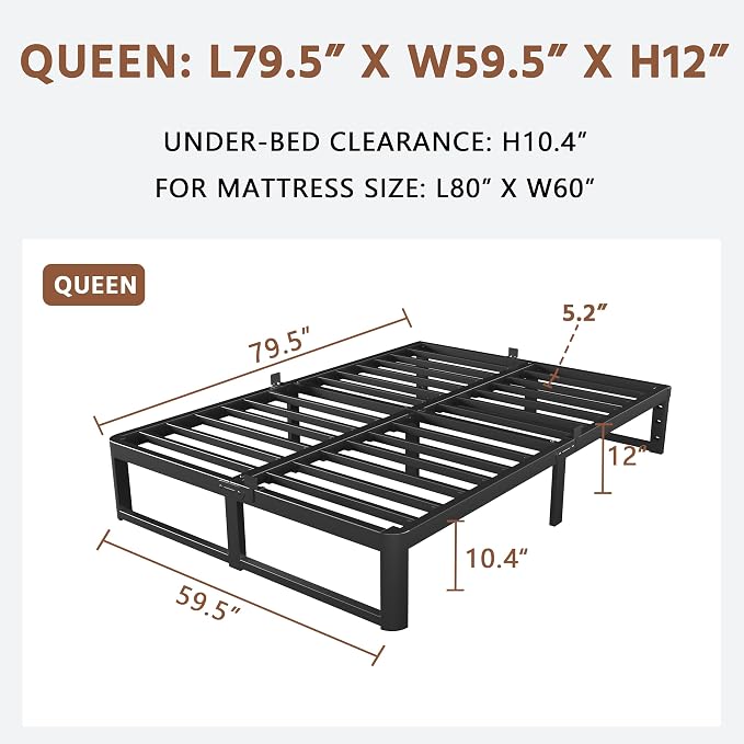 ZTH Queen Size Metal Platform Bed Frame 12 in, No Box Spring Needed, Black | Heavy duty support, Underbed storage, Noise-free design, Anti-slip clips, Rounded legs, Easy assembly, Headboard compatible