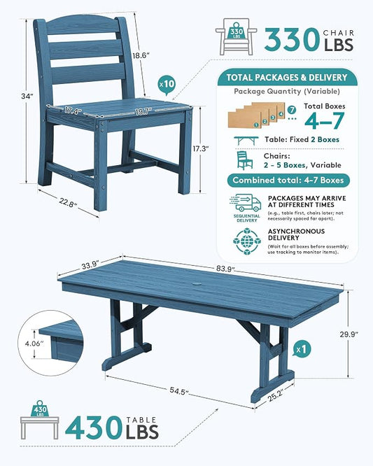 SERWALL 9 Piece 84" HDPE Outdoor Dining Set for 8 with Armless Chairs and Umbrelle Hole, Blue