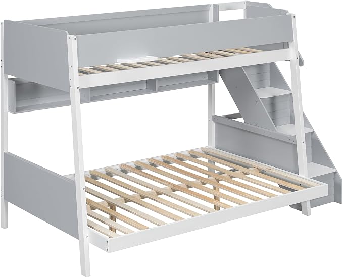 Wood Bunk Bed Twin Over Full with Staircase and Side Shelves | Striped-Design Staircase, Built-In Light Strip, Space-Saving Design, Kids Teens Adults, Versatile Bed Frame