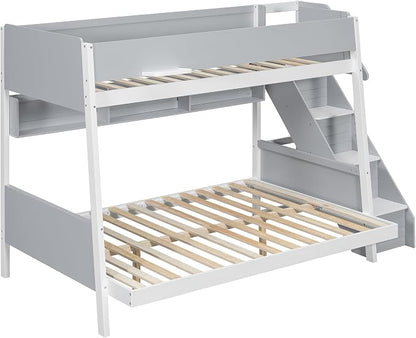 Wood Bunk Bed Twin Over Full with Staircase and Side Shelves | Striped-Design Staircase, Built-In Light Strip, Space-Saving Design, Kids Teens Adults, Versatile Bed Frame