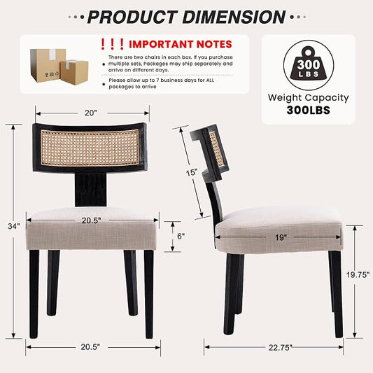 HNY Mid Century Modern Rattan Dining Chairs Set of 6, Farmhouse Linen Upholstered Accent Chair Curved Backrest Kitchen Chairs, with Black Hardwood Frame, Beige