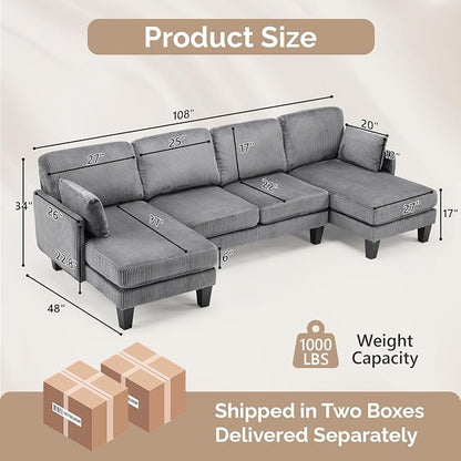 VINGLI 108" W U-Shaped Sectional Couches for Living Room, Sturdy Wooden Armrest Corduroy Cloud Couch with Double Chaise, High Support Modern 4-Seat Sectional Sofa for Apartment, Offices, Dark Grey