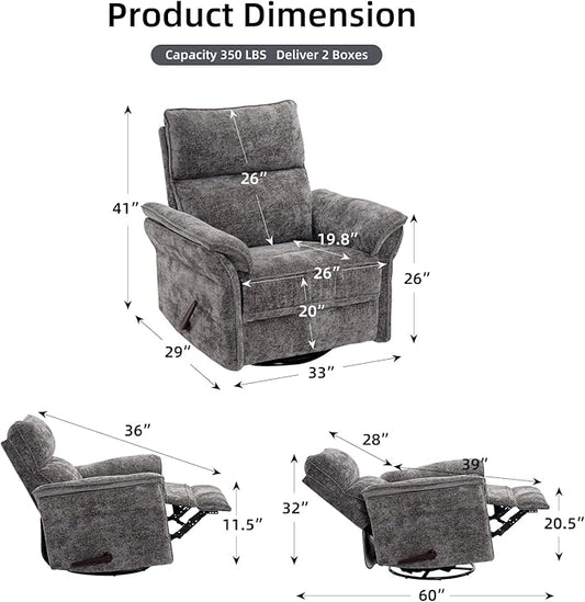 Oversized Glider Rocker Recliner, 26" Extra Wide 360° Swivel Nursery Recliner with Adjustable Headrest, Chenille Rocking Nursery Chair with Overstuffed Armrest, Lumbar Support, Dark Grey
