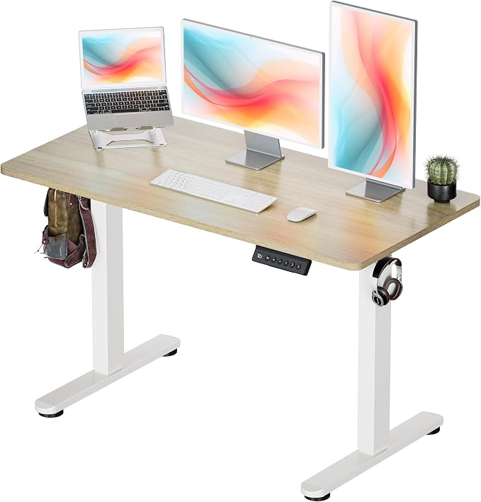 Okin Standing Desk Electric Adjustable Computer Desks, Whole Piece Stand up Desk Office Gaming Home Office Memory Desks 48x24 inches Cream Pecans