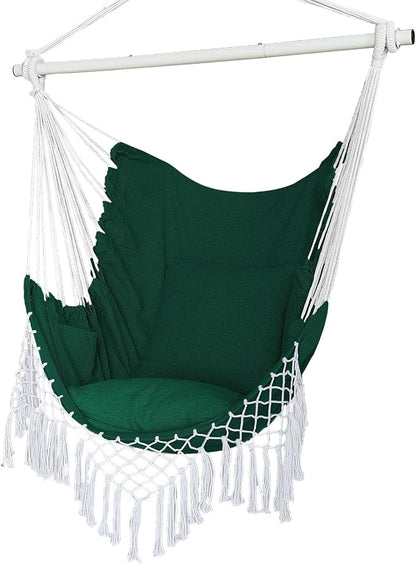 Hammock Chair, Hanging Rope Swing Seat with 2 Cushions,Macrame Hanging Chair Side Pocket with High Load-Bearing Metal Rod,for Indoor, Outdoor, Extra Comfortable (Green)