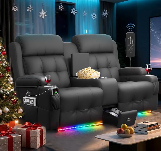 Loveseat Recliner Sofa, Home Theater Seating with Massage, Reclining Loveseats with Console, Wall Hugger RV Couch Movie Theater Chairs, RV Furniture Sofas with USB, Cup Holders, Drawer for Gaming Room