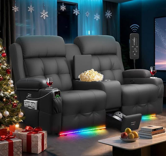 Loveseat Recliner Sofa, Home Theater Seating with Massage, Reclining Loveseats with Console, Wall Hugger RV Couch Movie Theater Chairs, RV Furniture Sofas with USB, Cup Holders, Drawer for Gaming Room