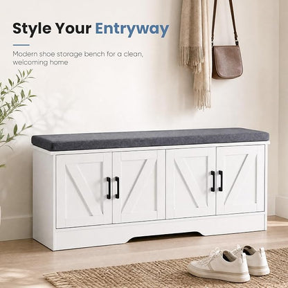 NEWBULIG Shoe Storage Bench for Entryway with Cushion, 47.2IN, White | Shoe Organizer Cabinet with Padded Cushion and Doors, Adjustable Shelves, Shoes Bench for Hallway, Mudroom, Bedroom